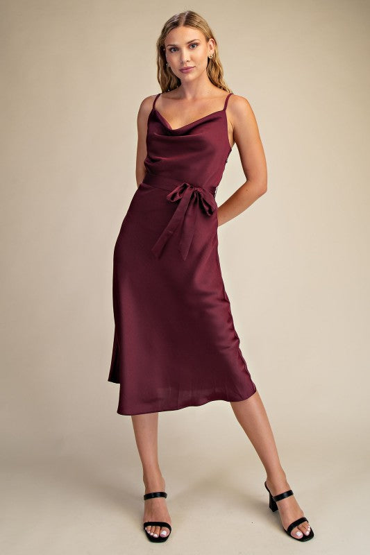 Burgandy Draped Neck Sleeveless Midi Dress