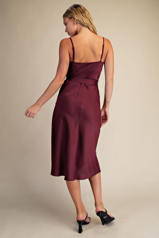 Burgandy Draped Neck Sleeveless Midi Dress