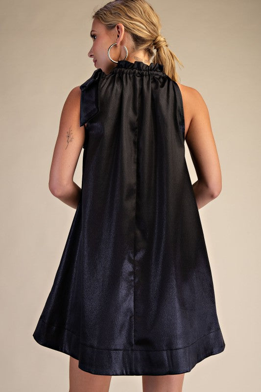 Black Round Neck Tie Sleeveless Mini Dress