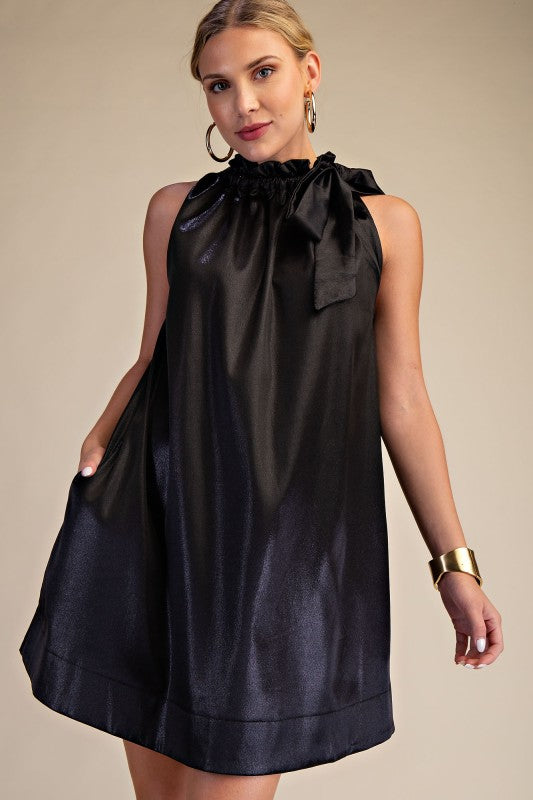 Black Round Neck Tie Sleeveless Mini Dress