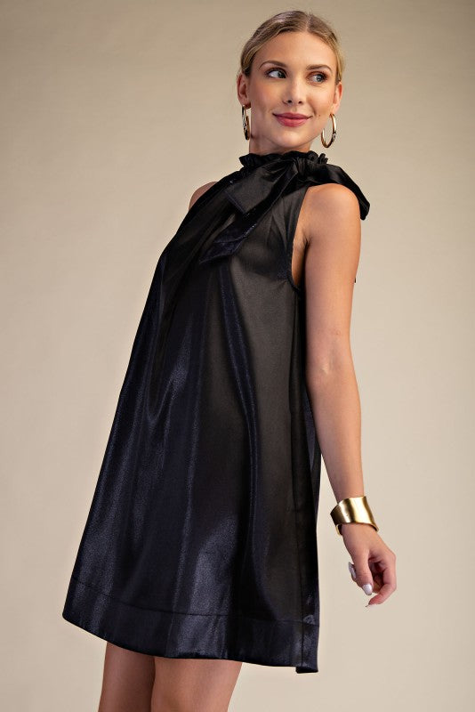 Black Round Neck Tie Sleeveless Mini Dress