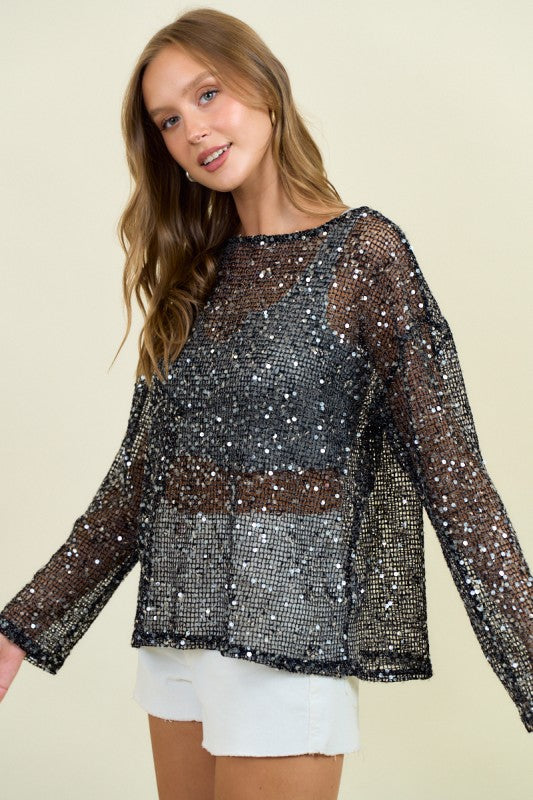 Black Sequin Long Sleeve Top