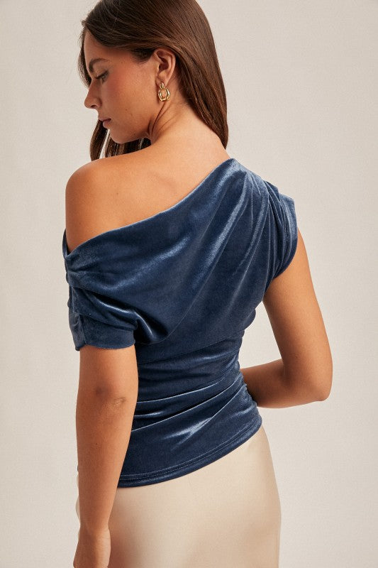 Blue Asymmetrical Neck Line Ruched Velvet Top