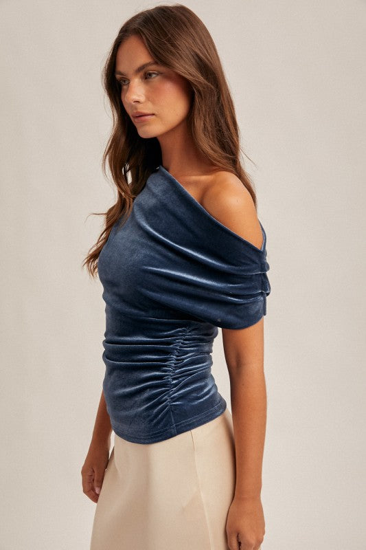 Blue Asymmetrical Neck Line Ruched Velvet Top