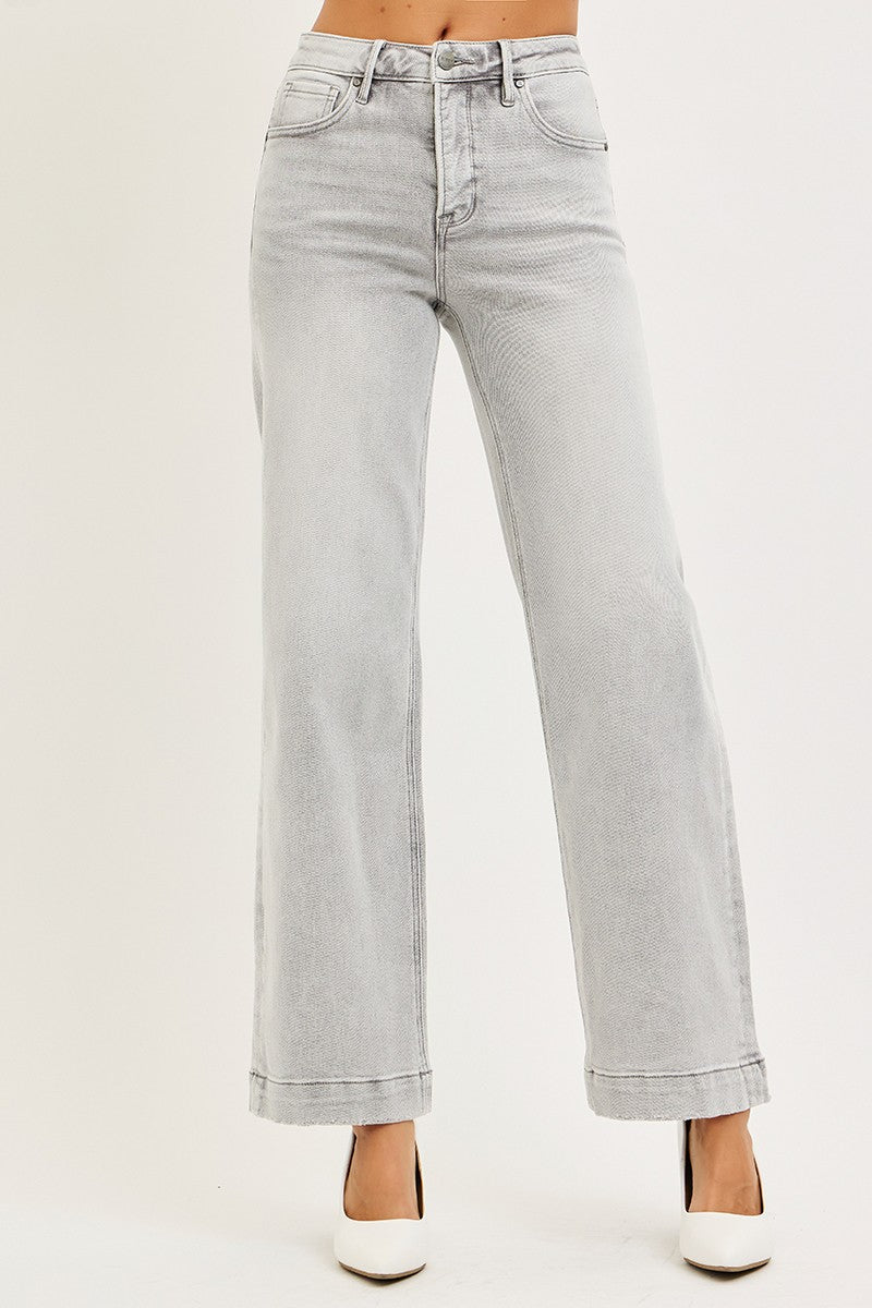 RISEN: Light Grey High Rise Ankle Wide Jeans