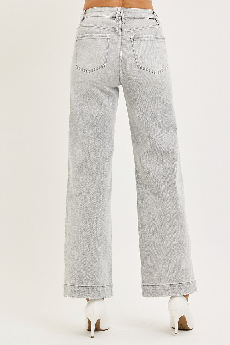 RISEN: Light Grey High Rise Ankle Wide Jeans