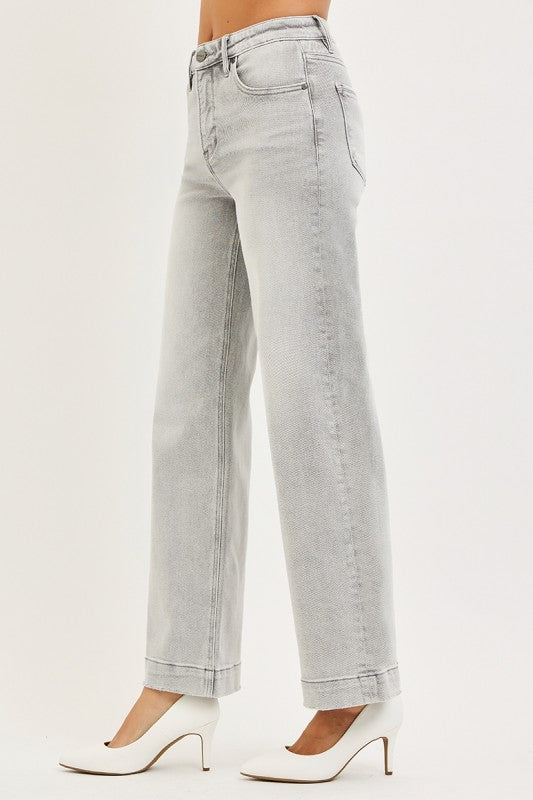 RISEN: Light Grey High Rise Ankle Wide Jeans