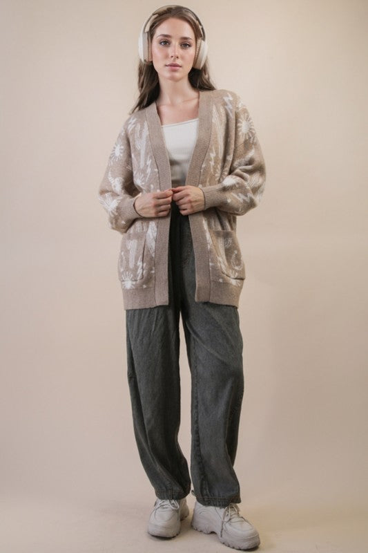 Mocha Oversized Western Graphic Knit Sweater Cardigan