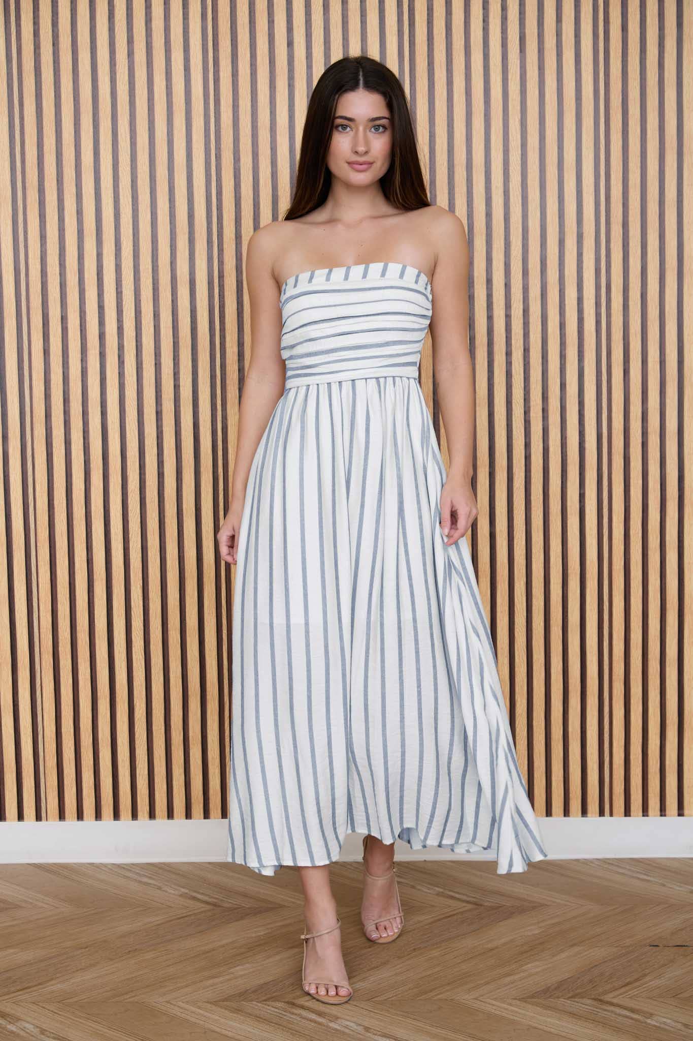 STRIPE PLEATED STRAPLESS LINEN MIDI DRESS – Threads & Co