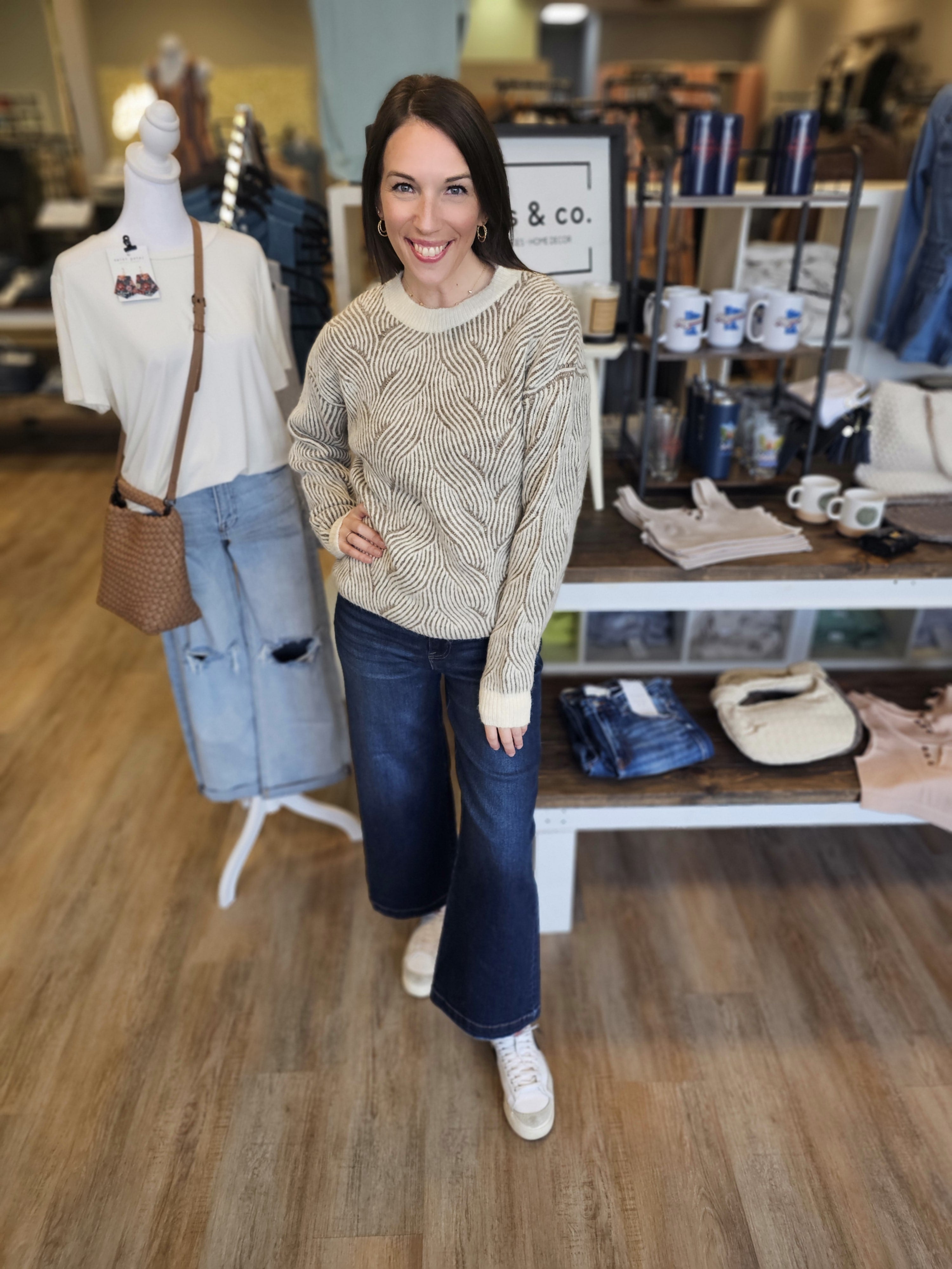Tan Crew Neck Geo Textured Knit Sweater