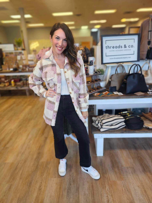 PINK+BROWN SHERPA PLAID SHACKET