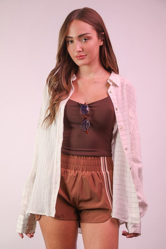 OVERSIZED WHITE + STRIPED BUTTON TOP