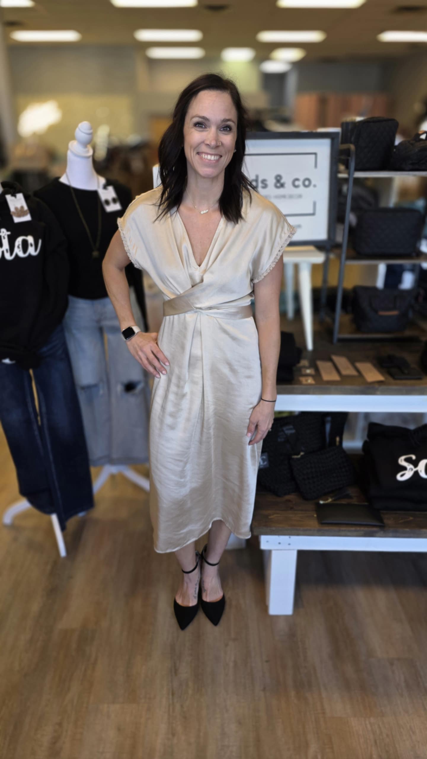 CHAMPAGNE SATIN MIDI DRESS