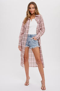 PINK PLAID LONG CARDIGAN