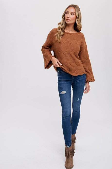 CAMEL CABLE KNIT SWEATER