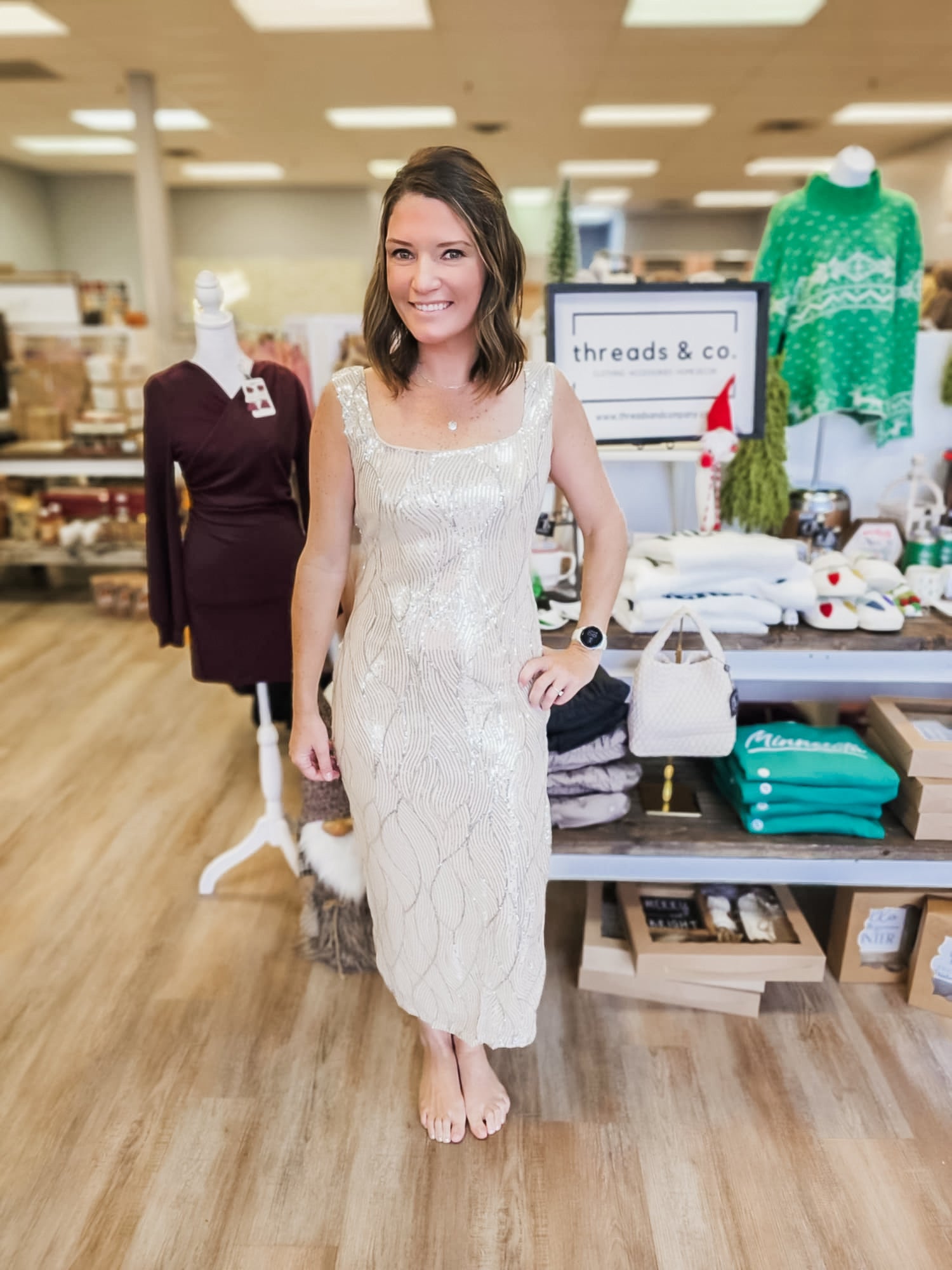 BEIGE SEQUIN SQUARE NECK DRESS