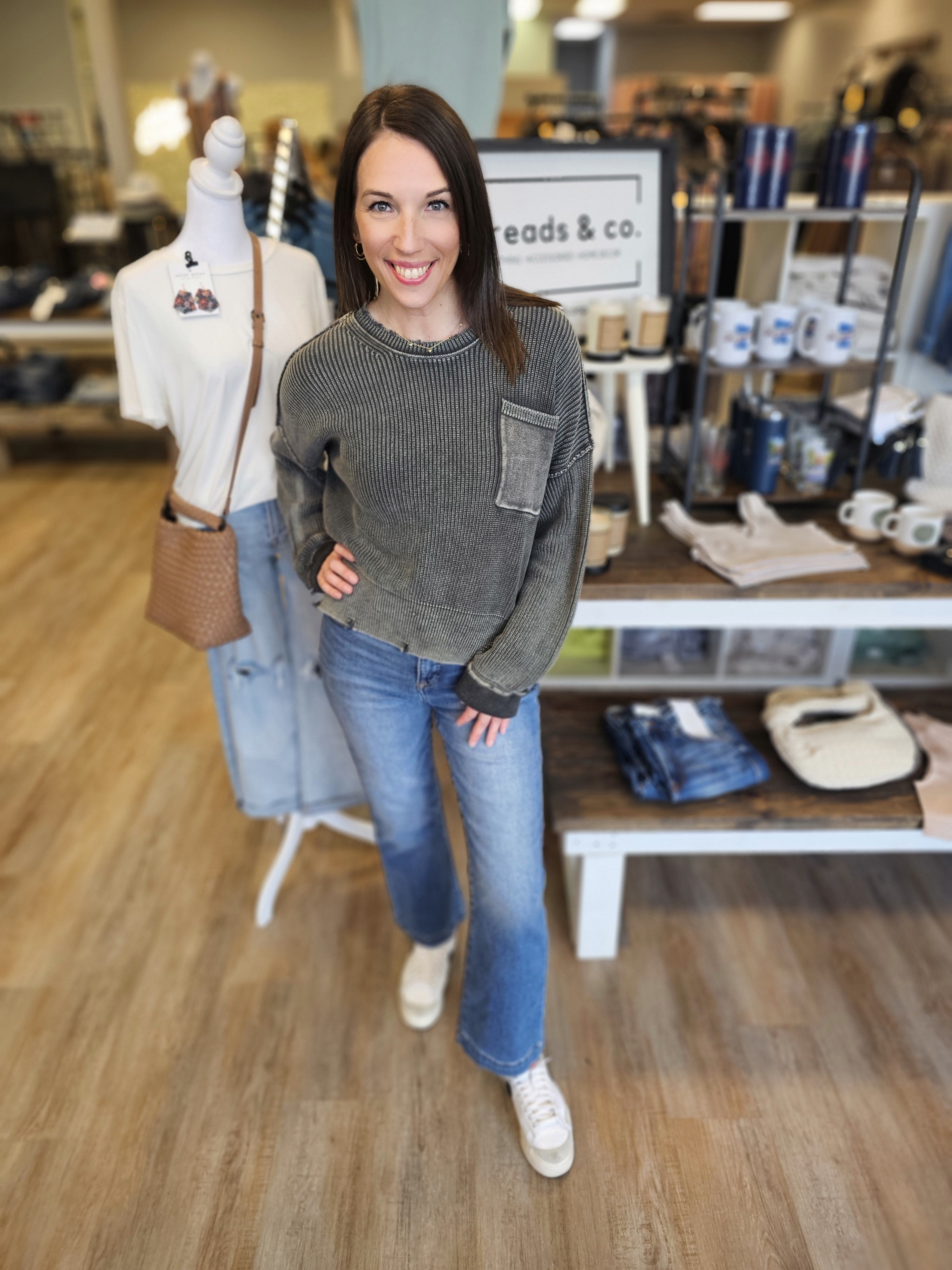Grey Mineral Wash Knit Sweater With Pocket