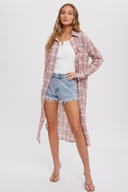 PINK PLAID LONG CARDIGAN