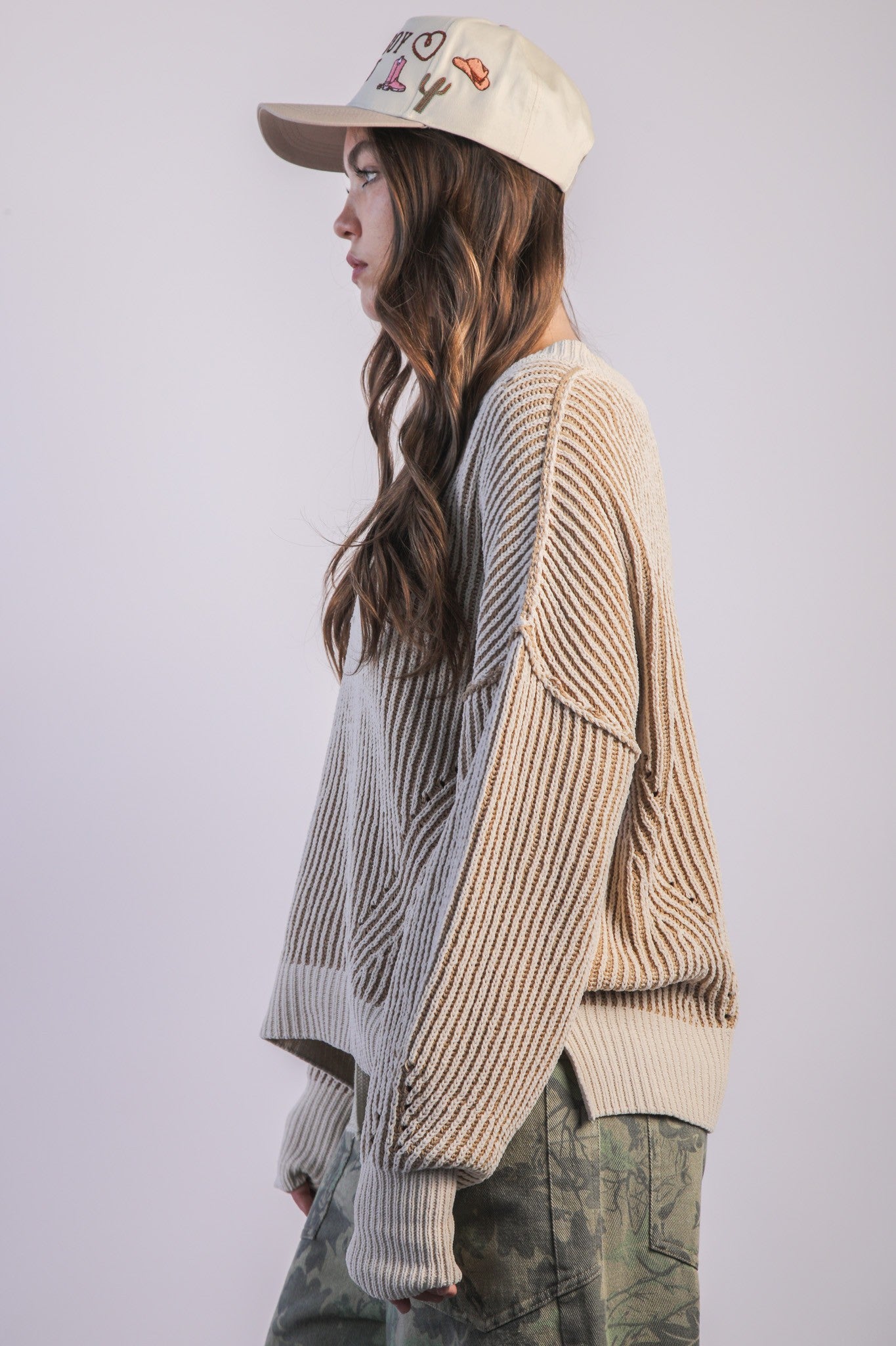 Cream Oversized Two Tone Knit Sweater