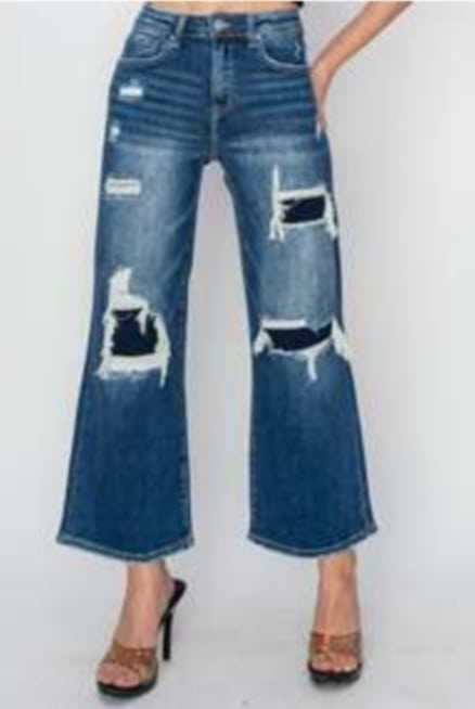 High Rise-Crop Wide Leg-Patch Detailed Jean