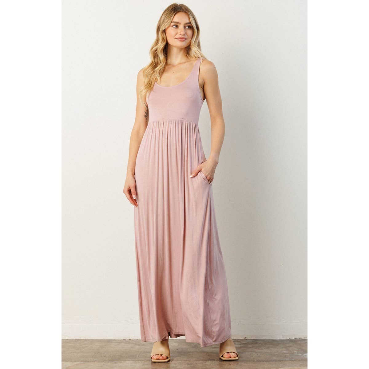 BLUSH JERSEY SLEEVELESS EMPIRE WAIST MAXI DRESS  Threads & Co