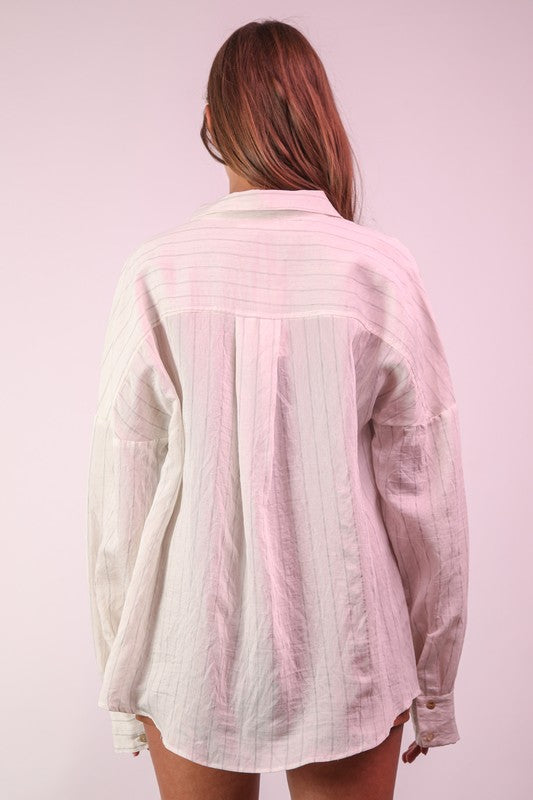 OVERSIZED WHITE + STRIPED BUTTON TOP
