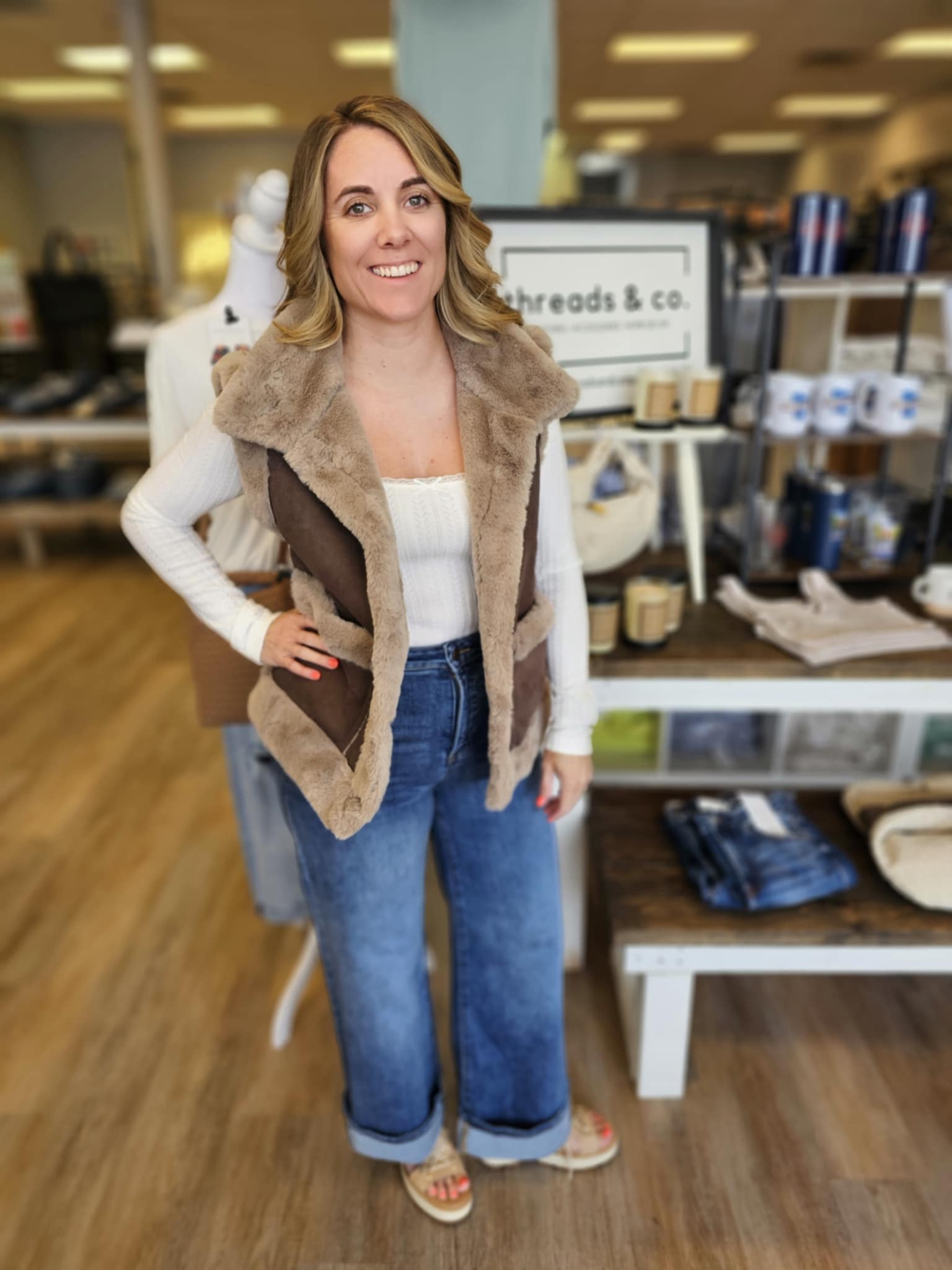Brown Faux Suede With Faux Shearling Lining Trim Vest
