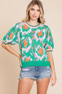 GREEN PRINT BUBBLE SLEEVE TOP