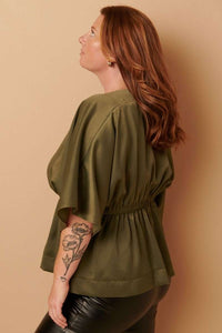 GREEN SATIN PEPLUM TOP