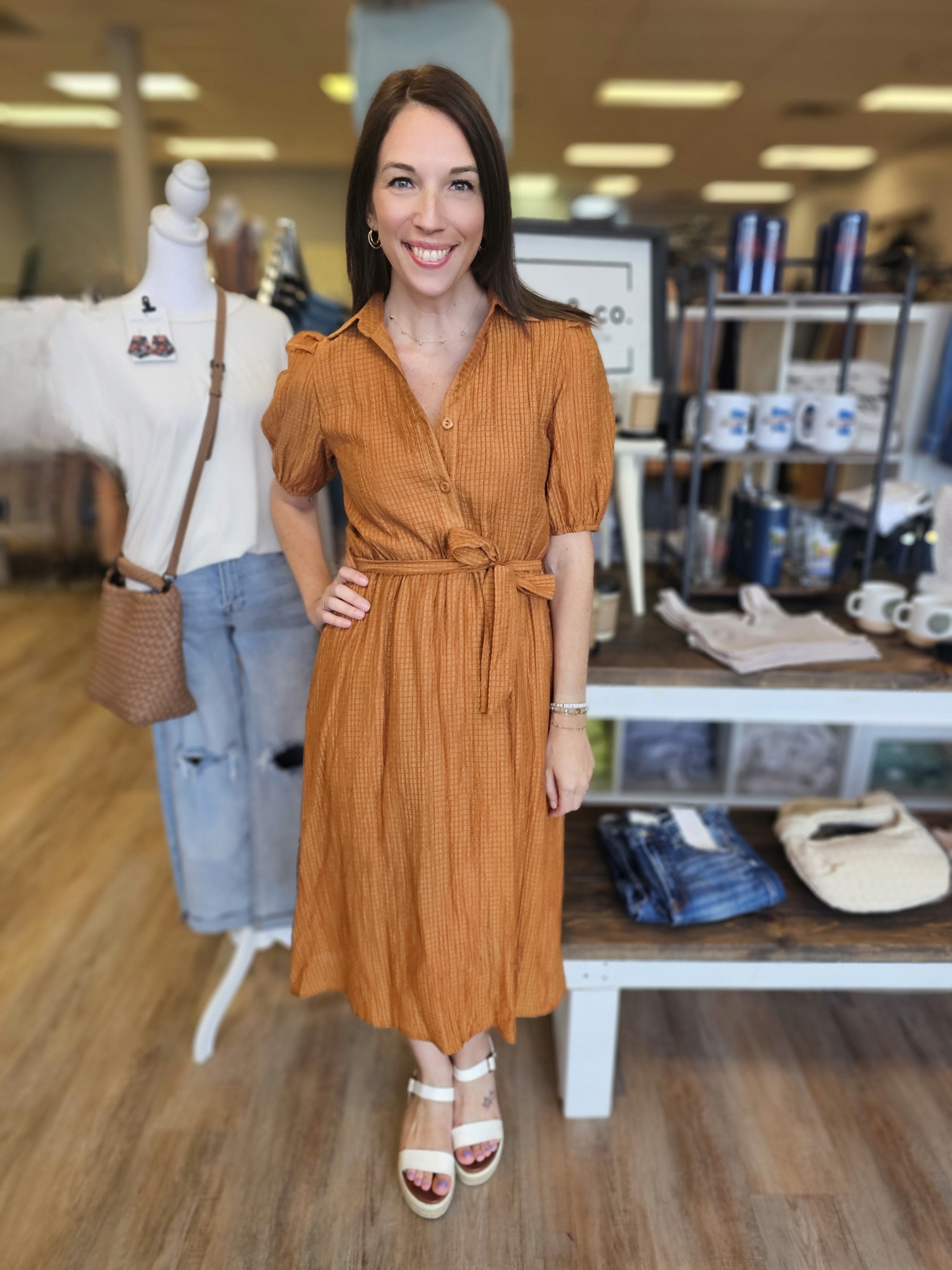 RUST RIBBON WAIST DRESS