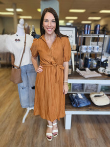 RUST RIBBON WAIST DRESS