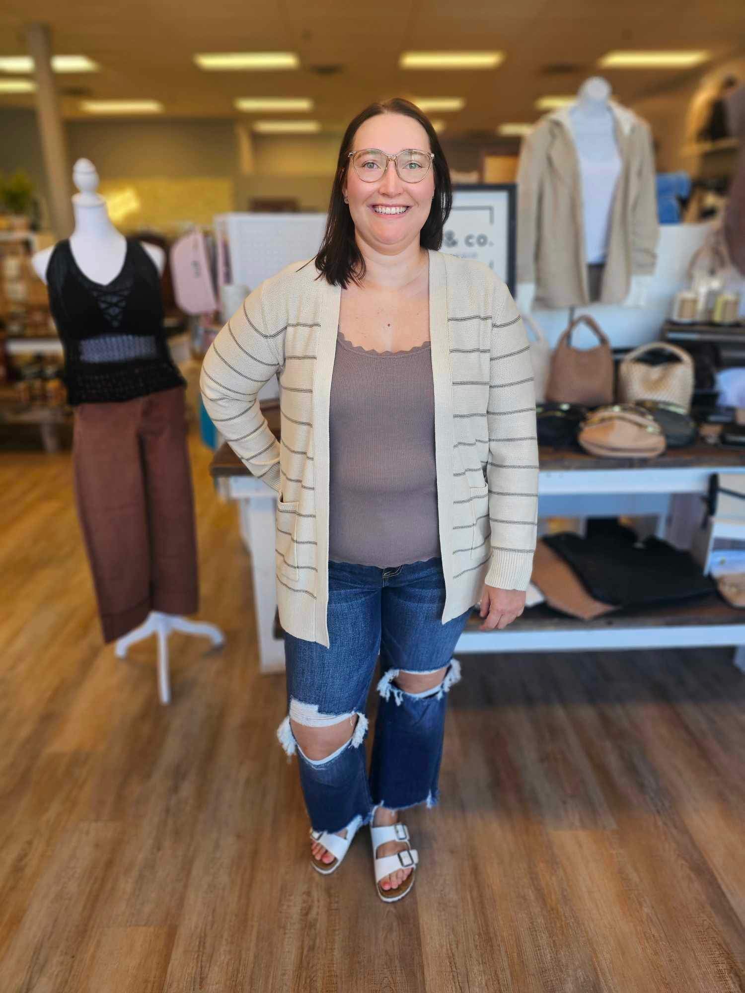TAUPE STRIPED OPEN FRONT CARDIGAN