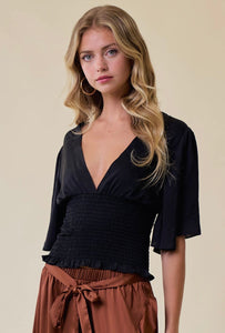 BLACK V-NECK SATIN TOP