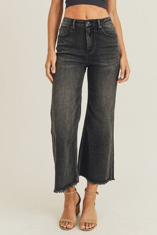 RISEN: BLACK HIGH RISE FRAYED ANKLE WIDE JEANS