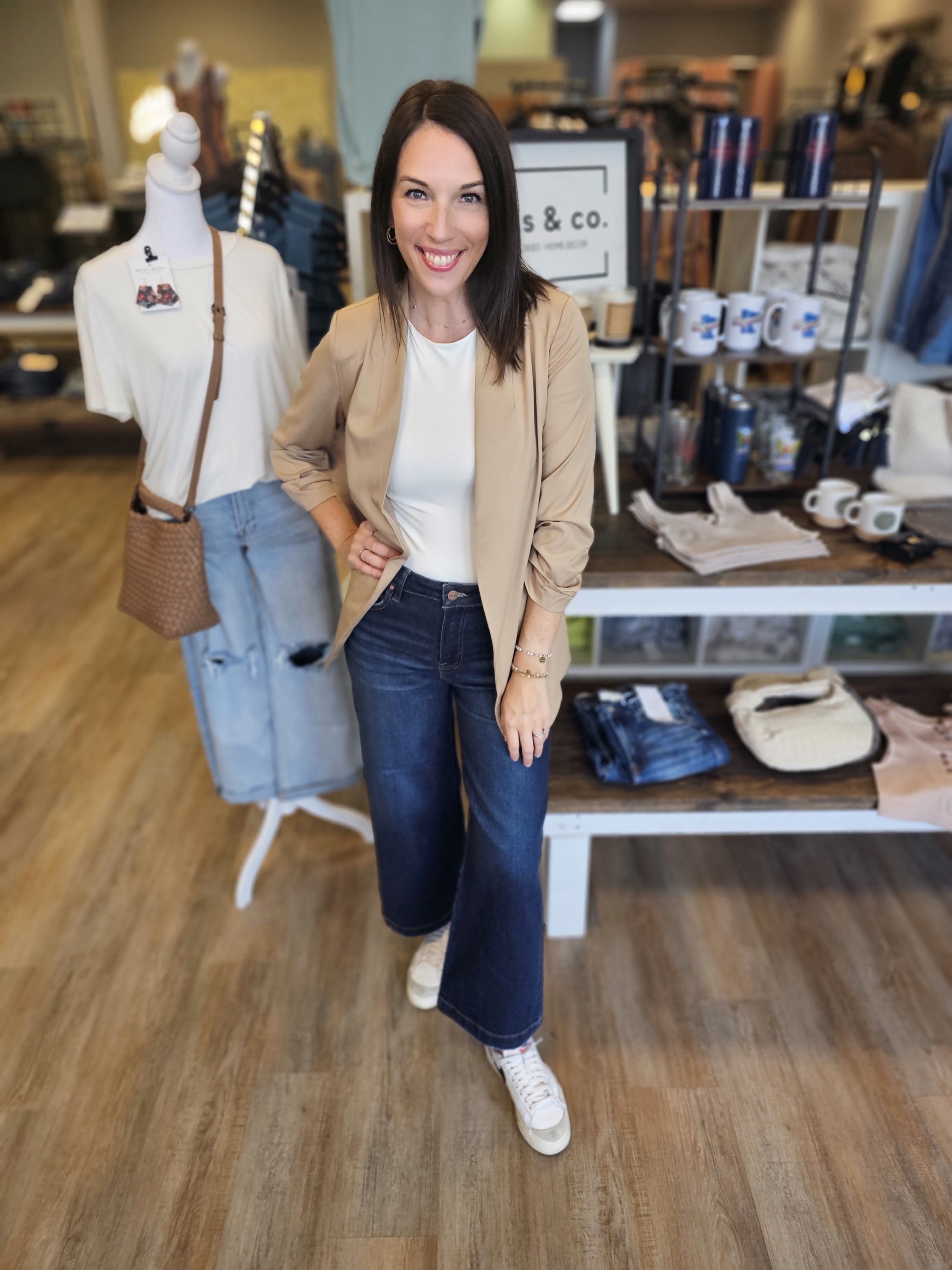 Khaki Collarless 3/4 Ruched Sleeve Longline Blazer