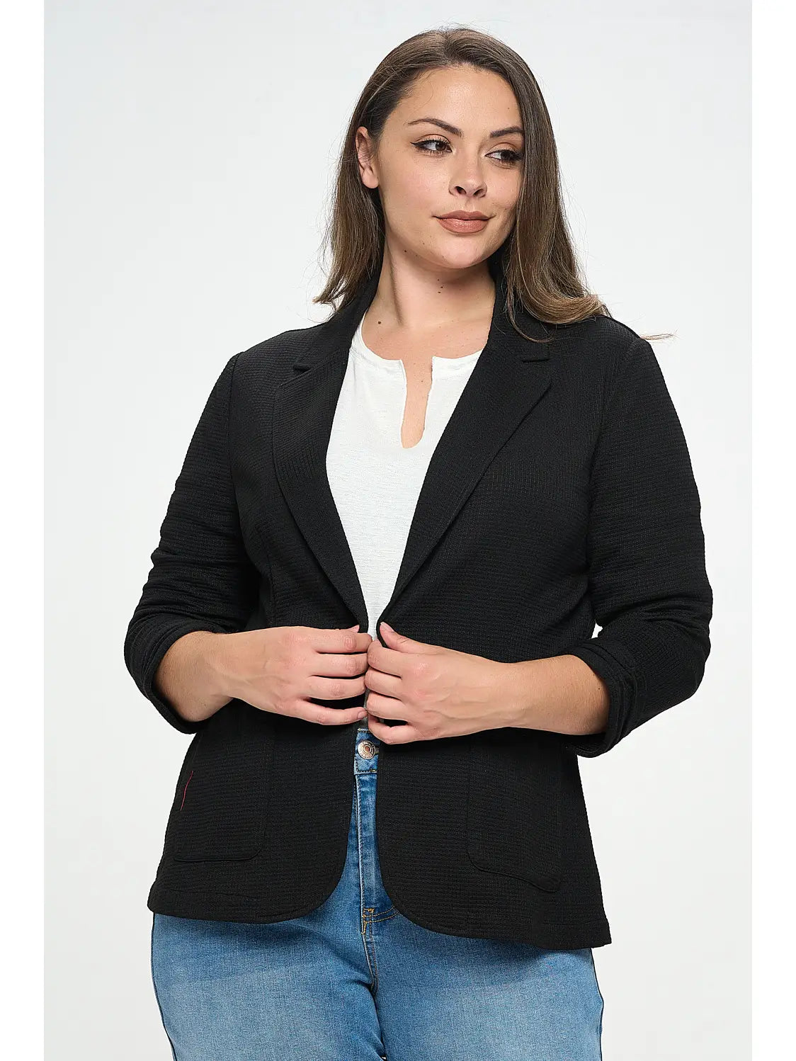 BLACK SHIRRED SLEEVE TEXTURED BLAZER