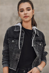 RISEN: WASHED BLACK RAW HEM JEAN JACKET