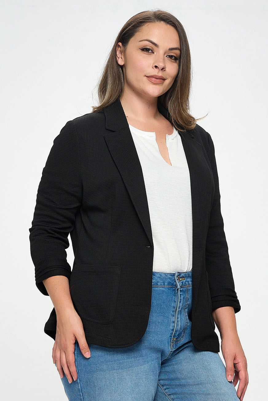 BLACK SHIRRED SLEEVE TEXTURED BLAZER