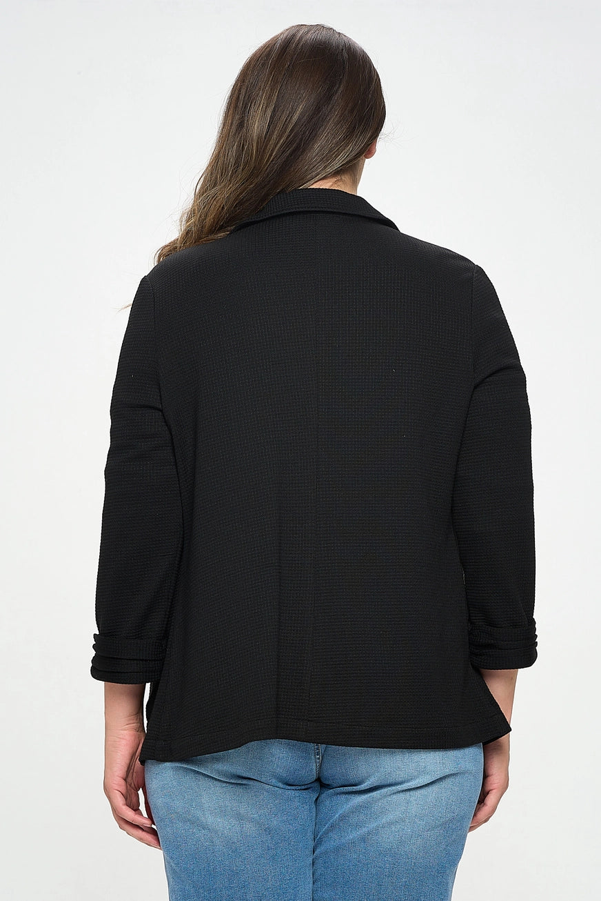 BLACK SHIRRED SLEEVE TEXTURED BLAZER