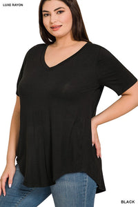 BLACK V-NECK TOP W/ HI-LOW HEM