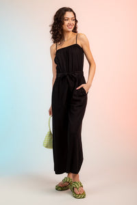 BLACK BELTED LINEN ROMPER