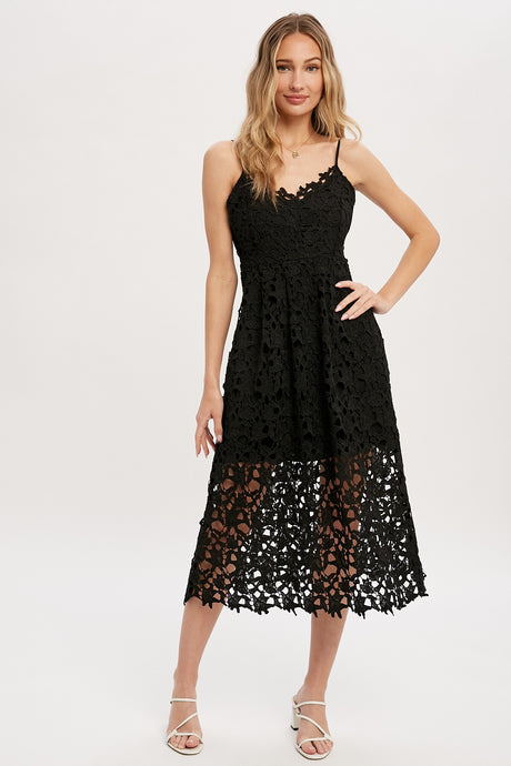 BLACK CROCHET LACE MIDI DRESS