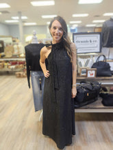 Load image into Gallery viewer, METALLIC BLACK HALTER DRESS