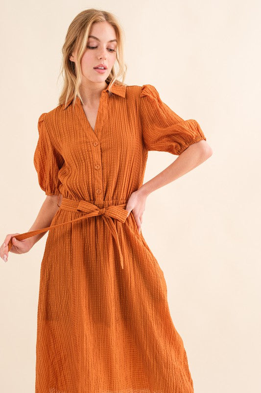 RUST RIBBON WAIST DRESS