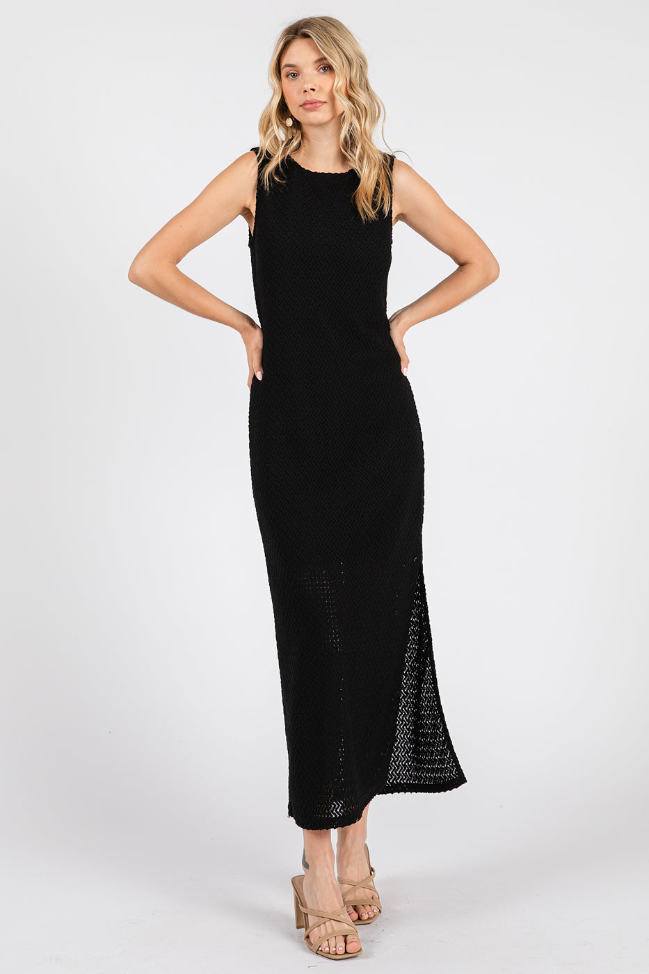 Black Zig Zag Texture Knit Sleeveless Maxi Dress