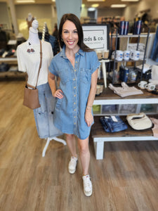 Denim Pocket Detail Collared Button Down Mini Dress