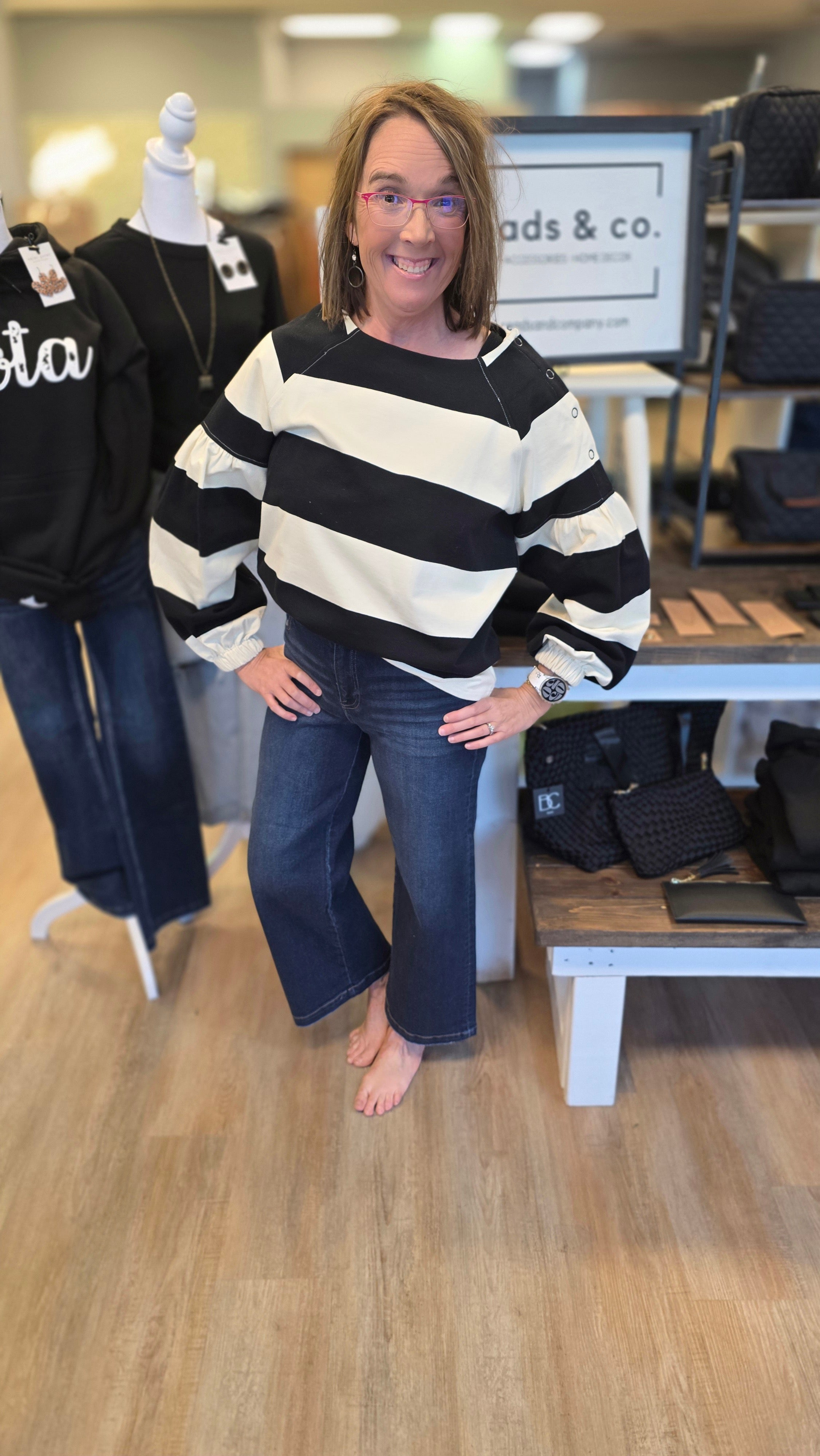 Striped Shoulder Button Detail Long Sleeve Top