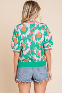 GREEN PRINT BUBBLE SLEEVE TOP