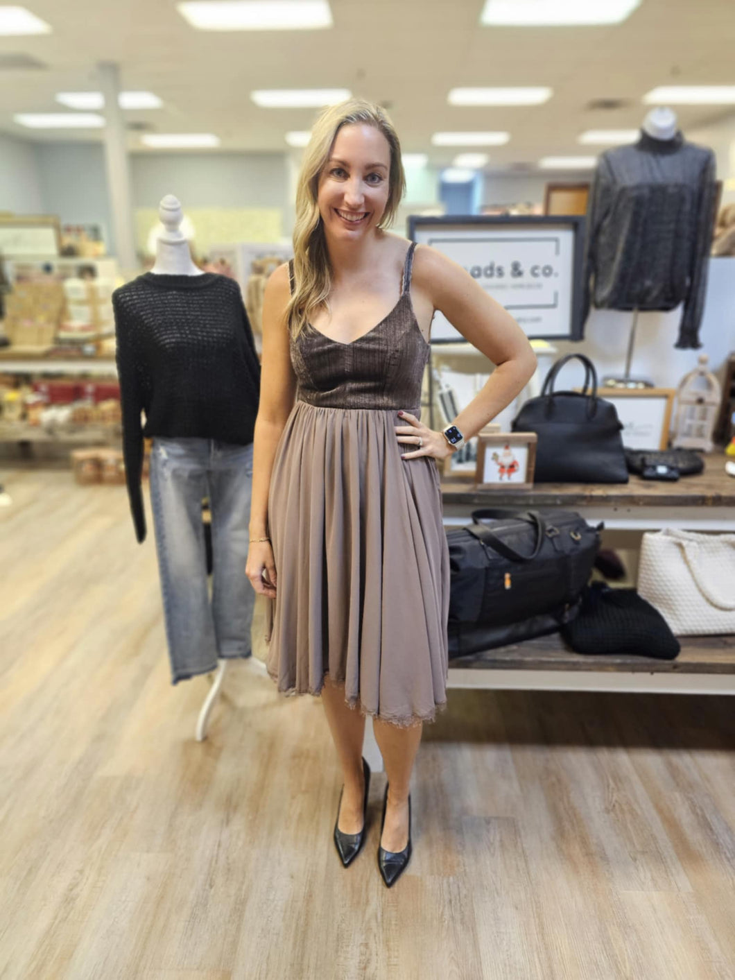 TAUPE VELVET CHIFFON DRESS