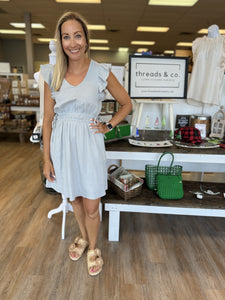 DUSTY BLUE FLUTTER SLEEVE DRESS